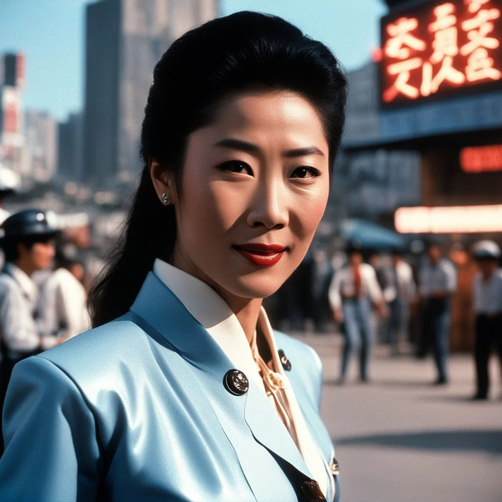 [vintage style noisy scratches glitches, Shot the texture and then rewound the film and double exposed the face] Michelle Yeoh stands for a kung-fu fight in the streets of the Adventures of Buckaroo Banzai Across the 8th Dimension