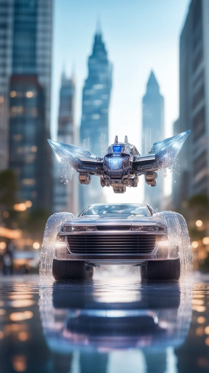 transparent crystal transformer car standing on top above sky scrapers in fountain in the style of Escher, bokeh like f/0.8, tilt-shift lens 8k, high detail, smooth render, down-light, unreal engine, prize winning