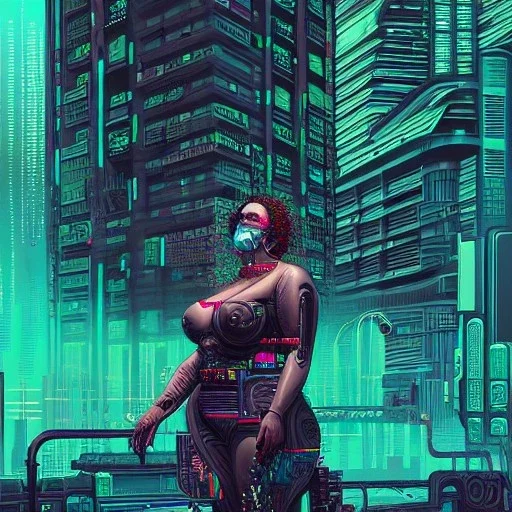 beautiful cyberpunk huge woman, hyper detailed, hyperdetailed, intricately detailed, illustration, Camera., concept art, hyper detailed, asaf hanuka, dan mumford, kilian eng, post-apocalyptic, oil on canvas,