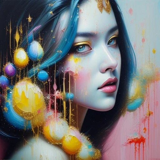 iv_a painting of a young woman, figurative art, an acrylic detailed painting, , brush strokes, paint drips and drabs and splatters by Harumi Hironaka, turquoise pink and yellow, james terrell art, trending on artstation, soft lines,intricate art by bastien lecouffe deharme and greg rutkowski