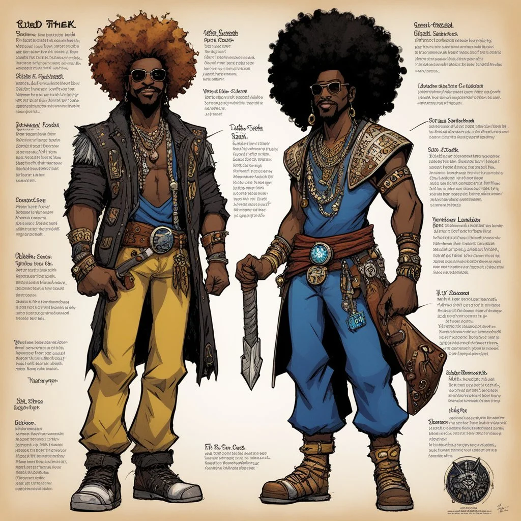 character concept sheet with AD&D statistics and characteristics, [illustration by Kevin Eastman and Peter Laird] the Obeah Man fantasy wizard , "damn, he fly" he pimps to the beat, in his new lafreak yeah, animal print pants outta control it's redfoo with the big afro