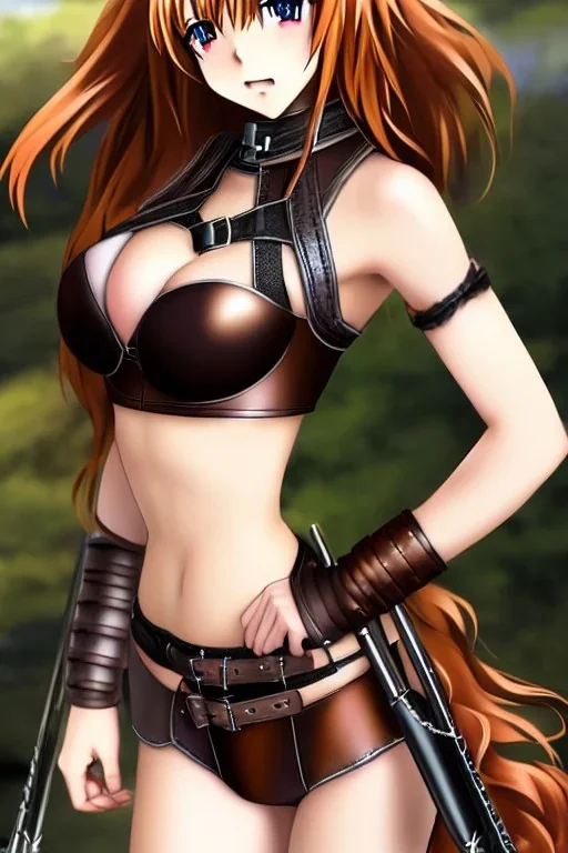 manga, ultra-realistic, super-detailed, strikingly beautiful teen female, 16 years old, long ginger hair, medium freckles, full lips, full body, full face, b-cup breasts, athletic, centred camera, ignore NSFW, skimpy brown fantasy leather armor, halter top, micro thong, knee-high leather boots, stern expression