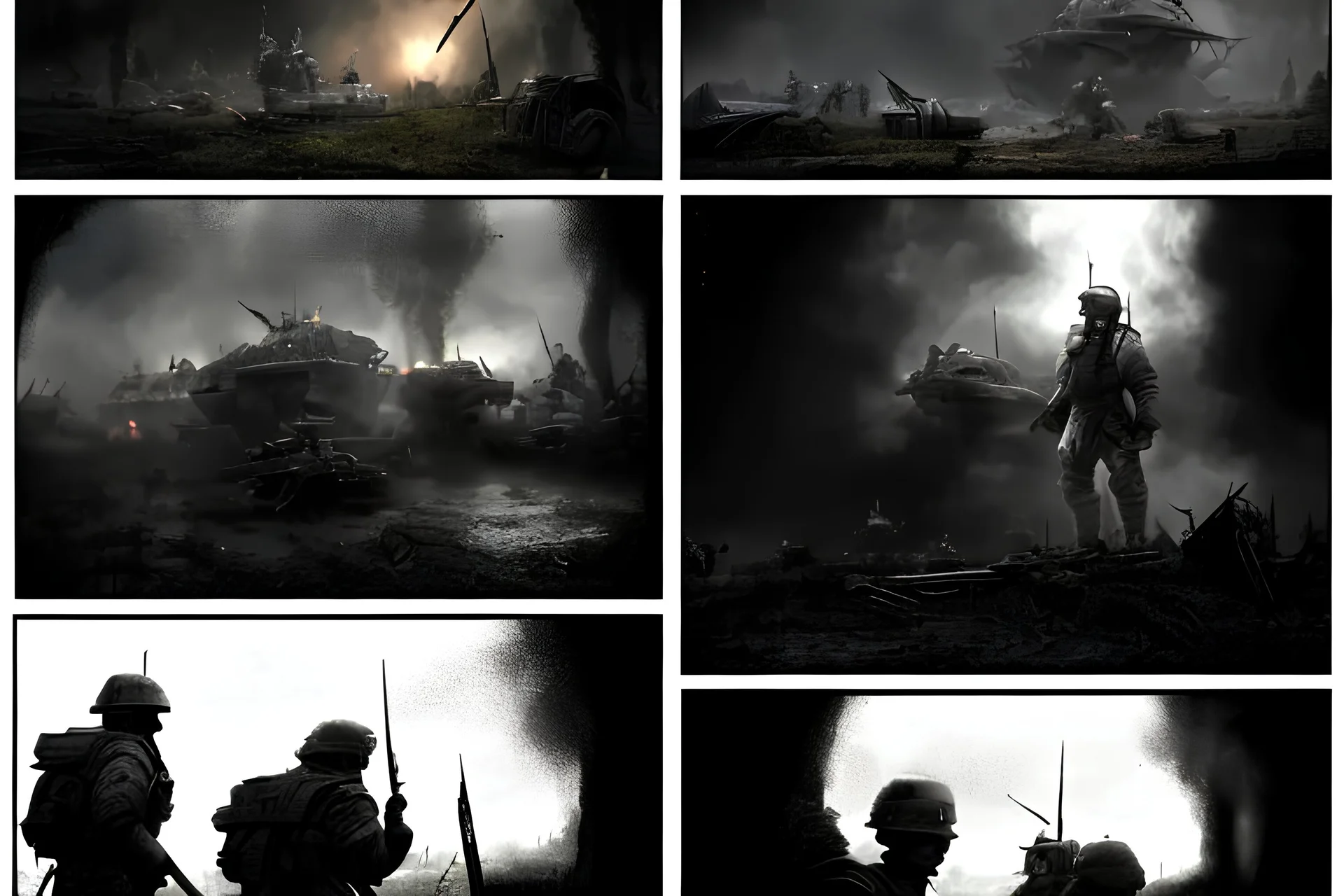 Masterpiece1:5)(Fineart), (award-winning:1.5), highest quality, (ultra realism:1.5) war journalism(,(by Tim Page and Hoorst Faas:1.5))(photorealistic:1.8), (Eastern Ukraine:(panel one:the moment after a battle ends, horrors of war, wounded men),(2nd panel, cinematic shot of men sitting in trench with 1000 yard stare (focus on their eyes:1.5)),(the third panel shows troops tired but hyper alert), (the fourth panel shows the sky is filled with incessant, fire and smoke,)