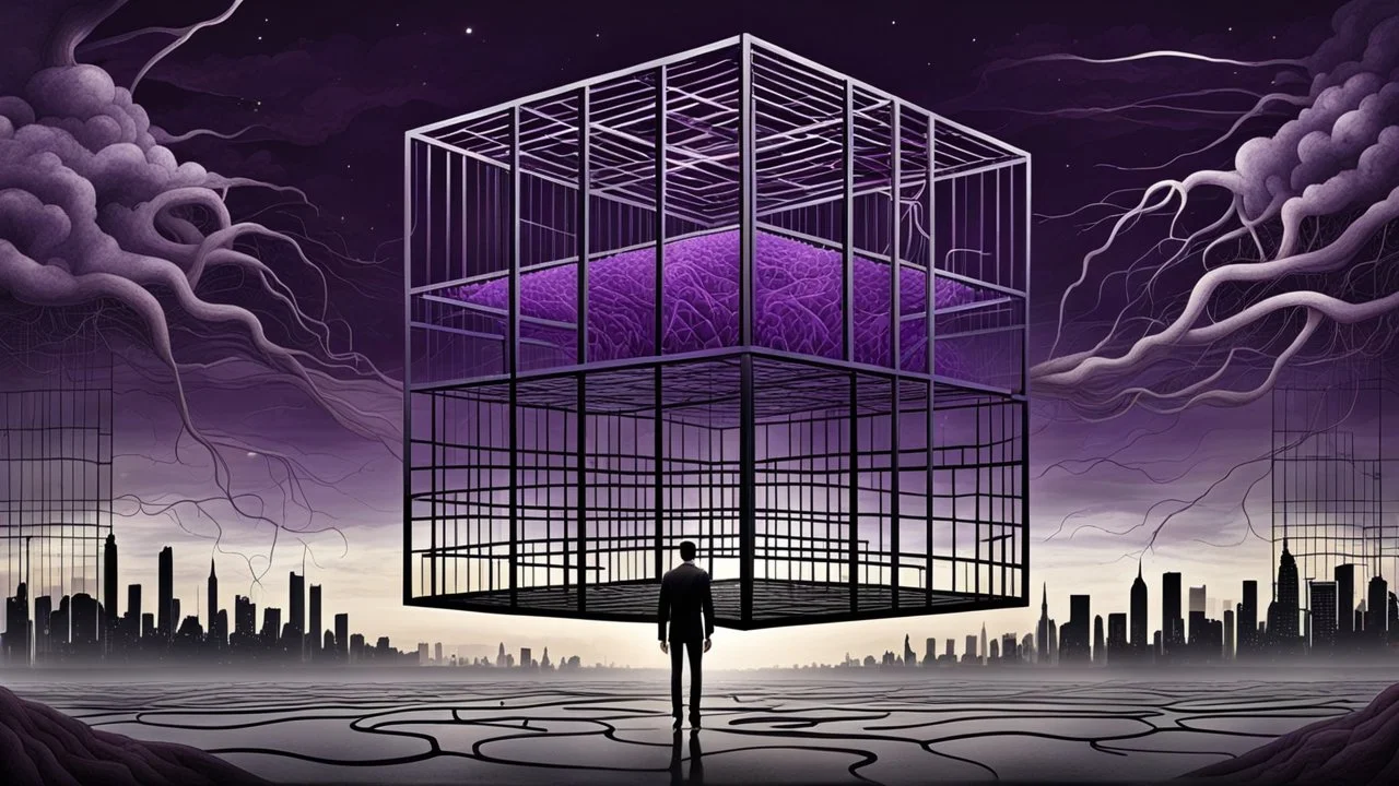 picture an cube like cage with dense bars inner stands a human figure alone , in outside around in the distance big landscape with big city and many fade human figures in the city, dark purple, gray, black, white, brown. Whimsical style and surreal vibe, lonely with neuron network background, surreal stunning vibe