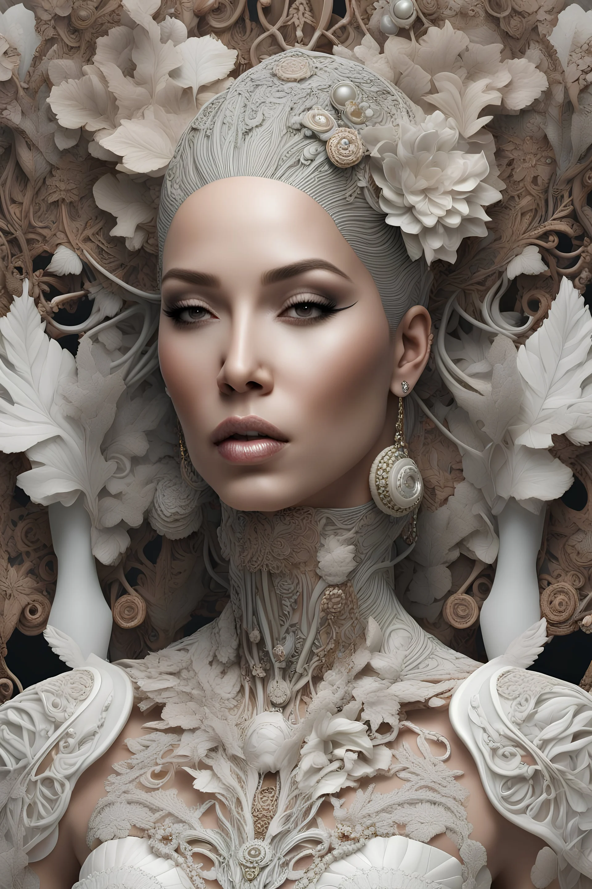 complex 3d render ultra detailed of a beautiful porcelain profile kim kardashians face , biomechanical cyborg, analog, 150 mm lens, beautiful natural soft rim light, big leaves and stems, roots, fine foliage lace, colorful details, massai warrior, Alexander Mcqueen high fashion haute couture, pearl earring, art nouveau fashion embroidered, steampunk, intricate details, mesh wire, mandelbrot fractal, anatomical, facial muscles, cable wires, microchip, elegant, hyper realistic, ultra detailed, oct