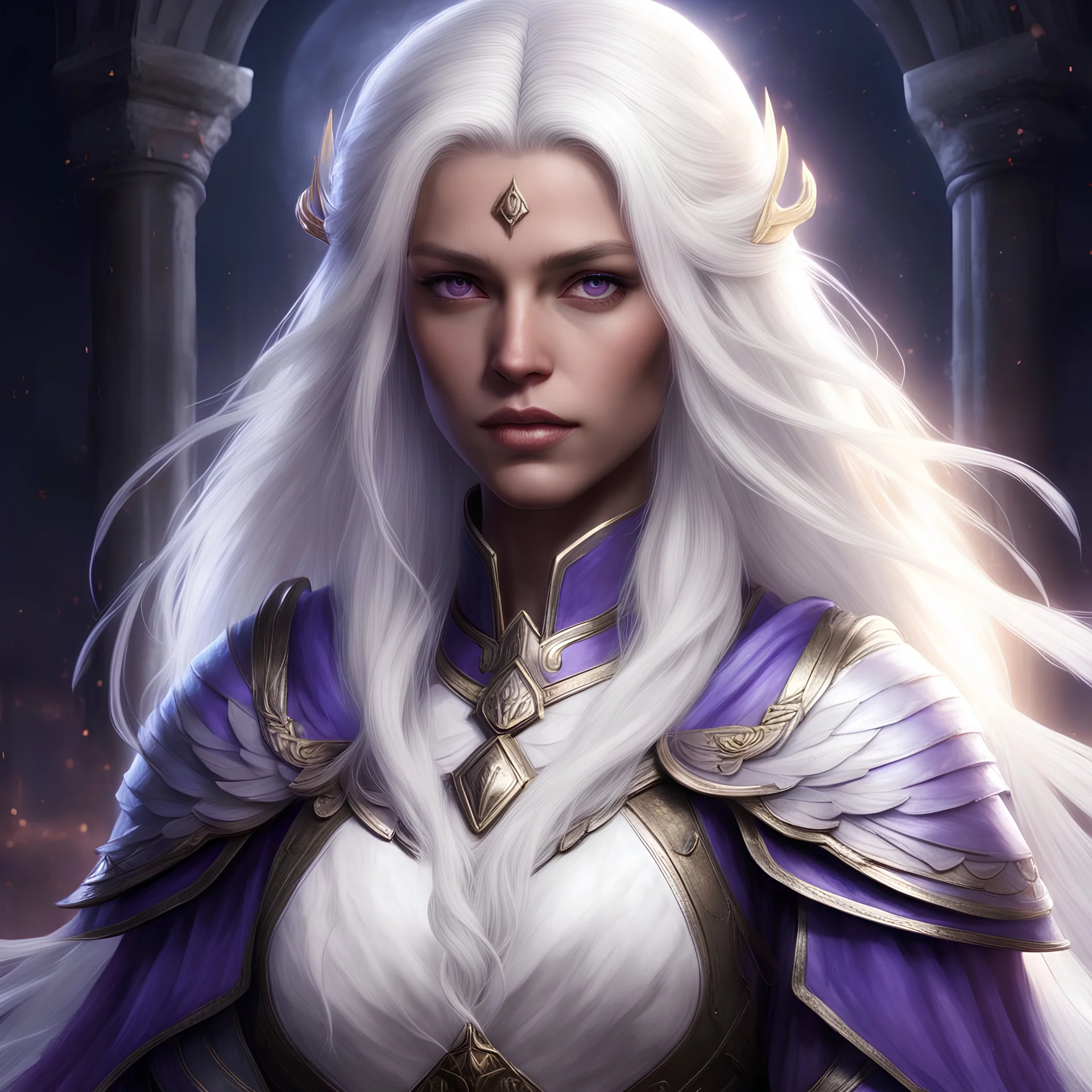 Generate a baldur's gate 3 character portrait of a beautiful female cleric aasimar blessed by the goddess Selune. She has long white hair. She has purple eyes. She has some white feathers in the lower part of her long hair. She has a youthful and rounder face. She is lit by moonlight.