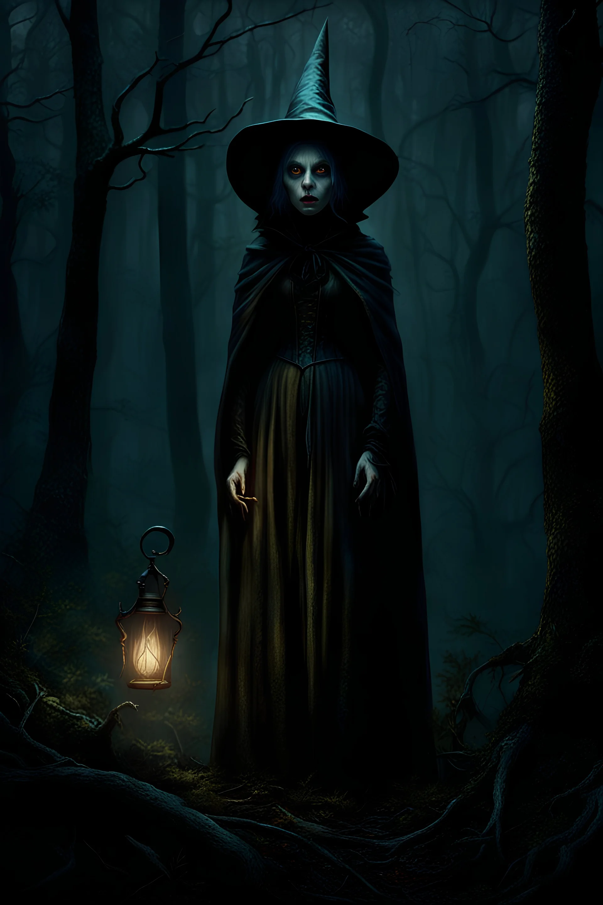 A dark haunting fairytale , Digital oil painting by Tim burton, guillermo del toro and brothers grim! An ominous looking witch in a shrouded woodlands, creepy and sinister vibes, there’s a dark narrative unfolding here, nightmarish creatures hidden in the dark, fireflies, dystopian childrens horror fantasy, cinematic lighting, stunning details, beautiful witch, octane render, CGSociety, behance contest winner, trending on artstation, rich, nightmarefuel, analog vibes, fairy core, (malevolent)