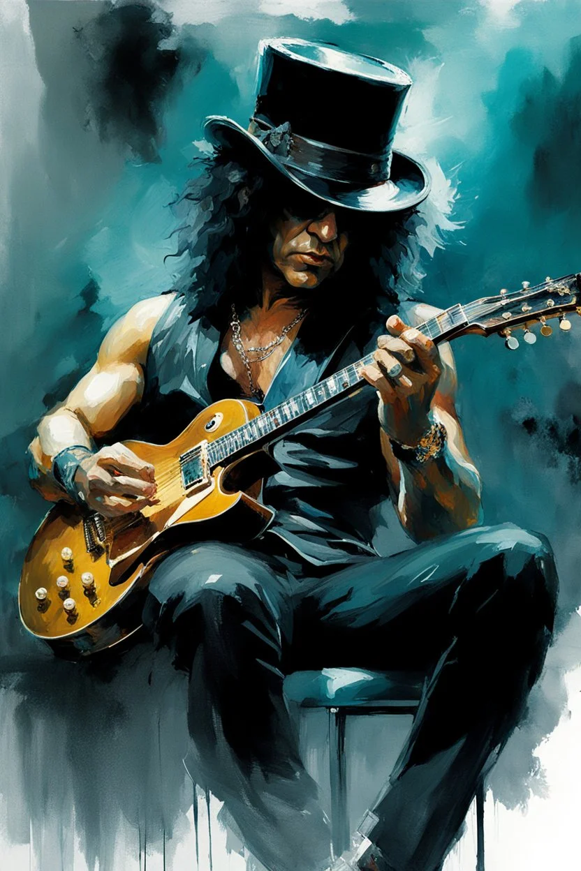 slash playing his guitar while smoking :: dark mysterious esoteric atmosphere :: digital matt painting with rough paint strokes by Jeremy Mann + Carne Griffiths + Leonid Afremov, black canvas