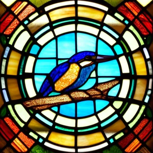 round coaster of kingfisher with stained glass window effect, highly detailed, intricate, warm colors, stained glass window, glossy from rain, warm lighting, dramatic lighting