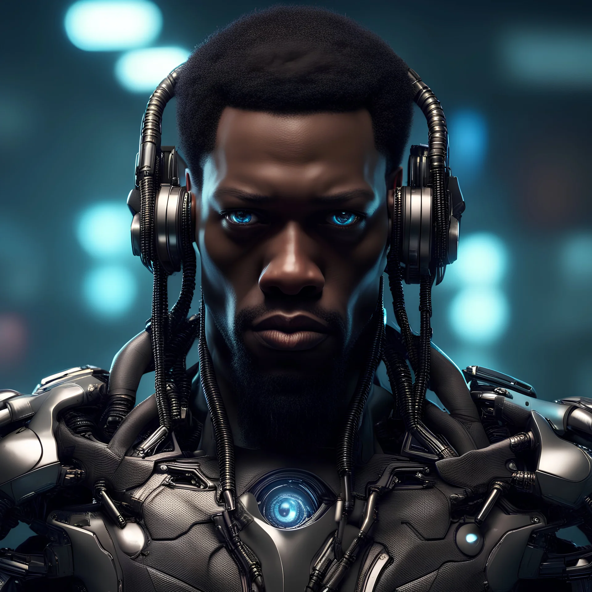 Medium Shot of black man cyborg with one eye implant in cyberpunk in detailed 3d style