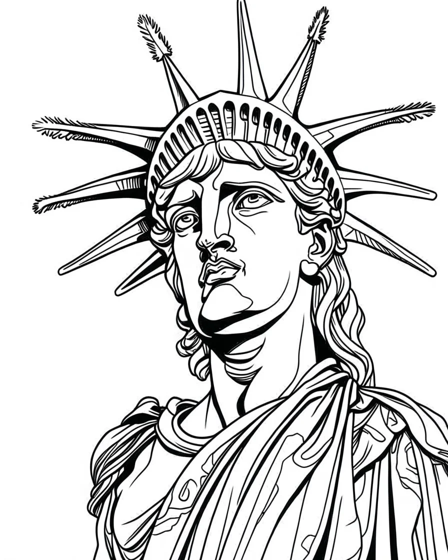 New York City Statue of Liberty Face coloring page, full body (((((white background))))), only use an outline., real style, line art, white color, clean line art, white background, Sketch style.