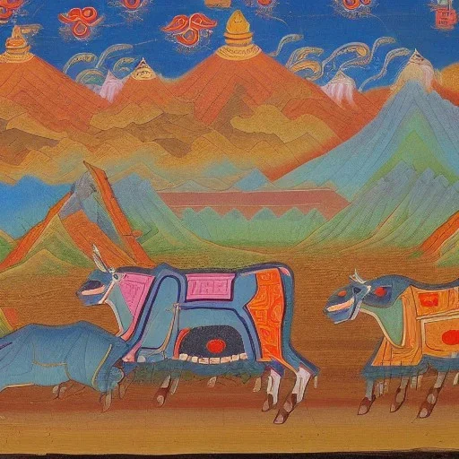 holy cow god with handsin indian landscape in tibetian painting style