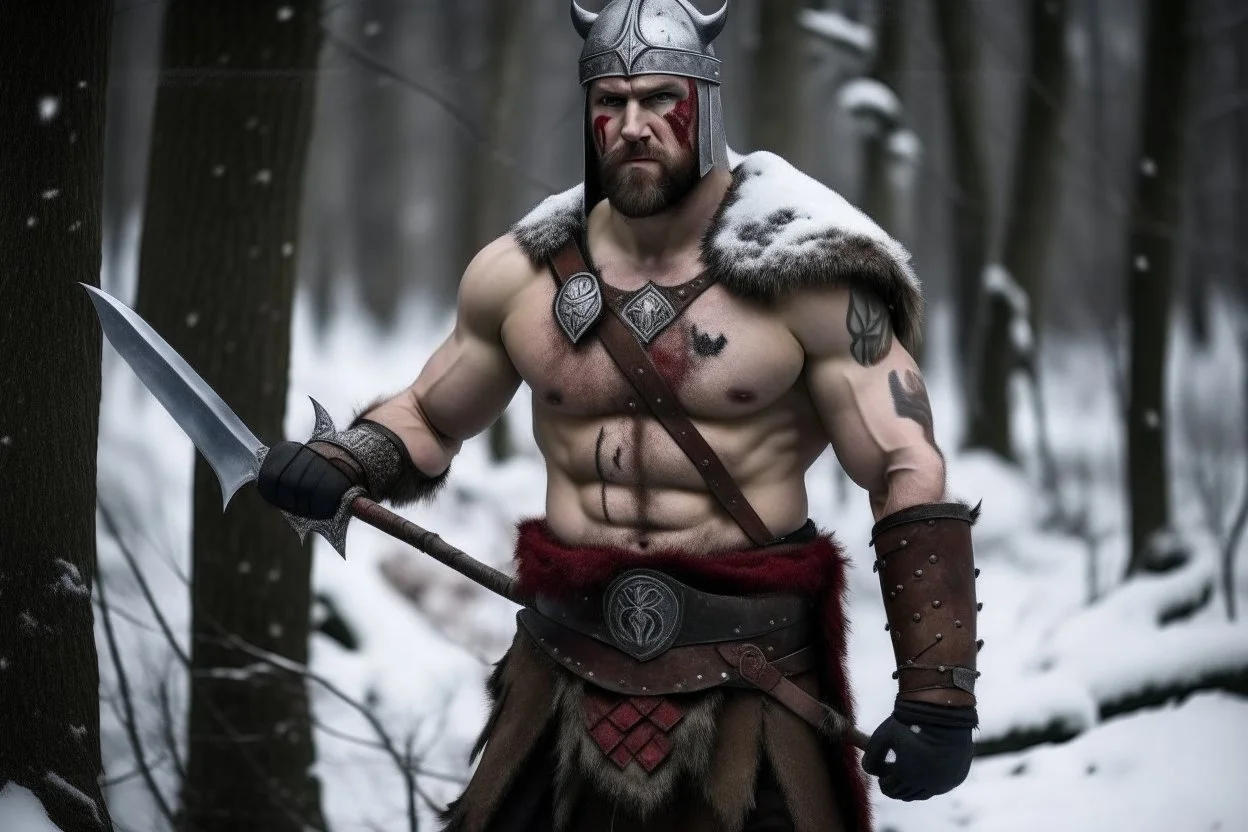 A strong man standing in cold windy snowy forest, shirtless, body scars, bloody, bear paws scars on chest, wearing a knight helmet, carrying an axe