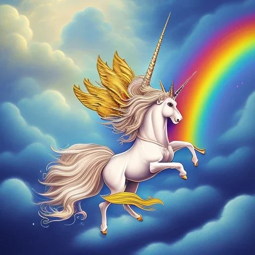 Unicorn resting on a rainbow in the clouds