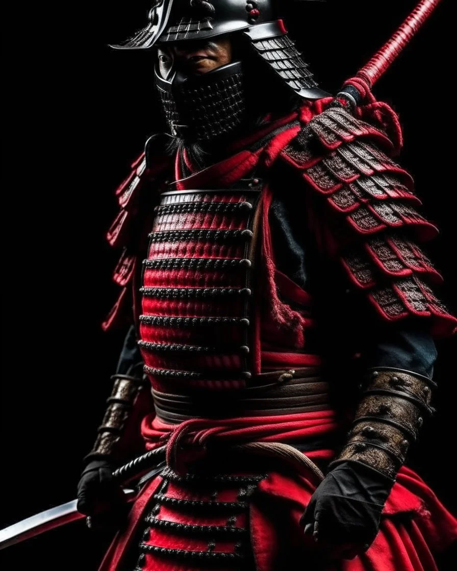 samurai with a katana, into an armor, red black colors,