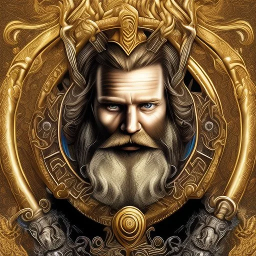 viking holger danske,long swirling beard and hair, his sword is golden, siting on his throne with wolfes on each side, alkohol ink, background swirley colorful with painted dragon on the wall, background colorful