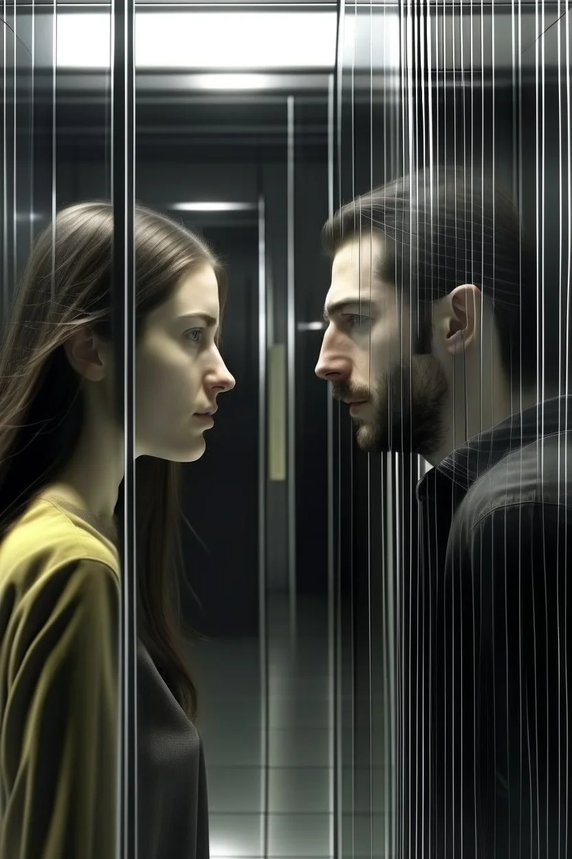 A woman and a man separated by a glass wall prevents the girl from crossing to the man her hair is long black Photorealistic