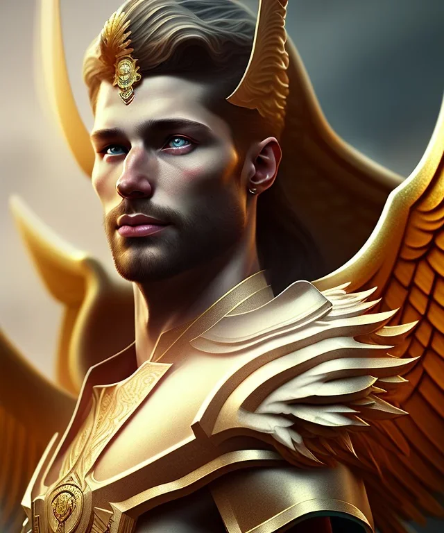 San Michael Archangel, male divine justice, head and shoulders portrait, 8k resolution concept art portrait by Greg Rutkowski, Unreal Engine 5 volumetric lighting