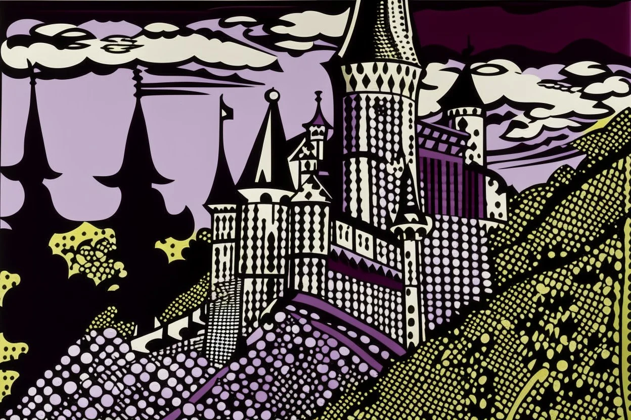 A dark magenta witch's castle painted by Roy Lichtenstein