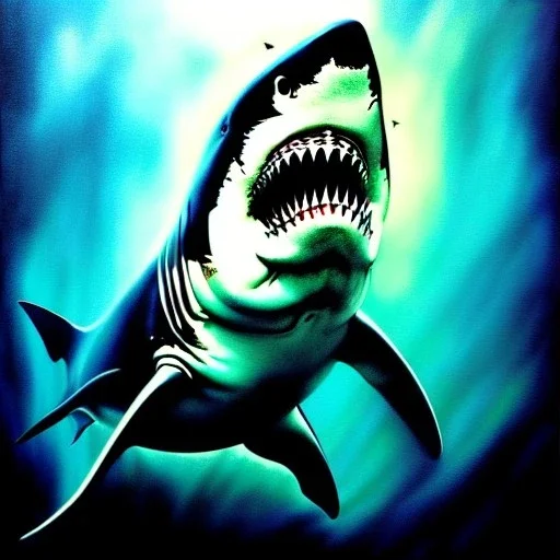 Epic fullsize oil Drawing of Photorealistic dramatic hyperrealistic,ultra realistic,hyper detailed, intricate, awesome, masterpiece, perfectly centered subject,with scars, old Great White Shark, underwater, daylight ,by WLOP, Artgerm, Rembrandt, 8k