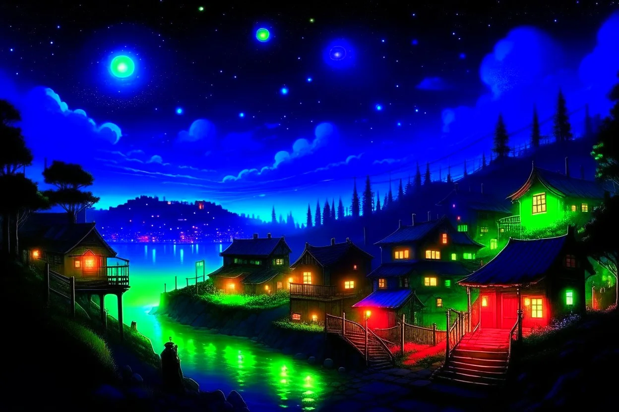 bioluminescent rasin village at night in starshine