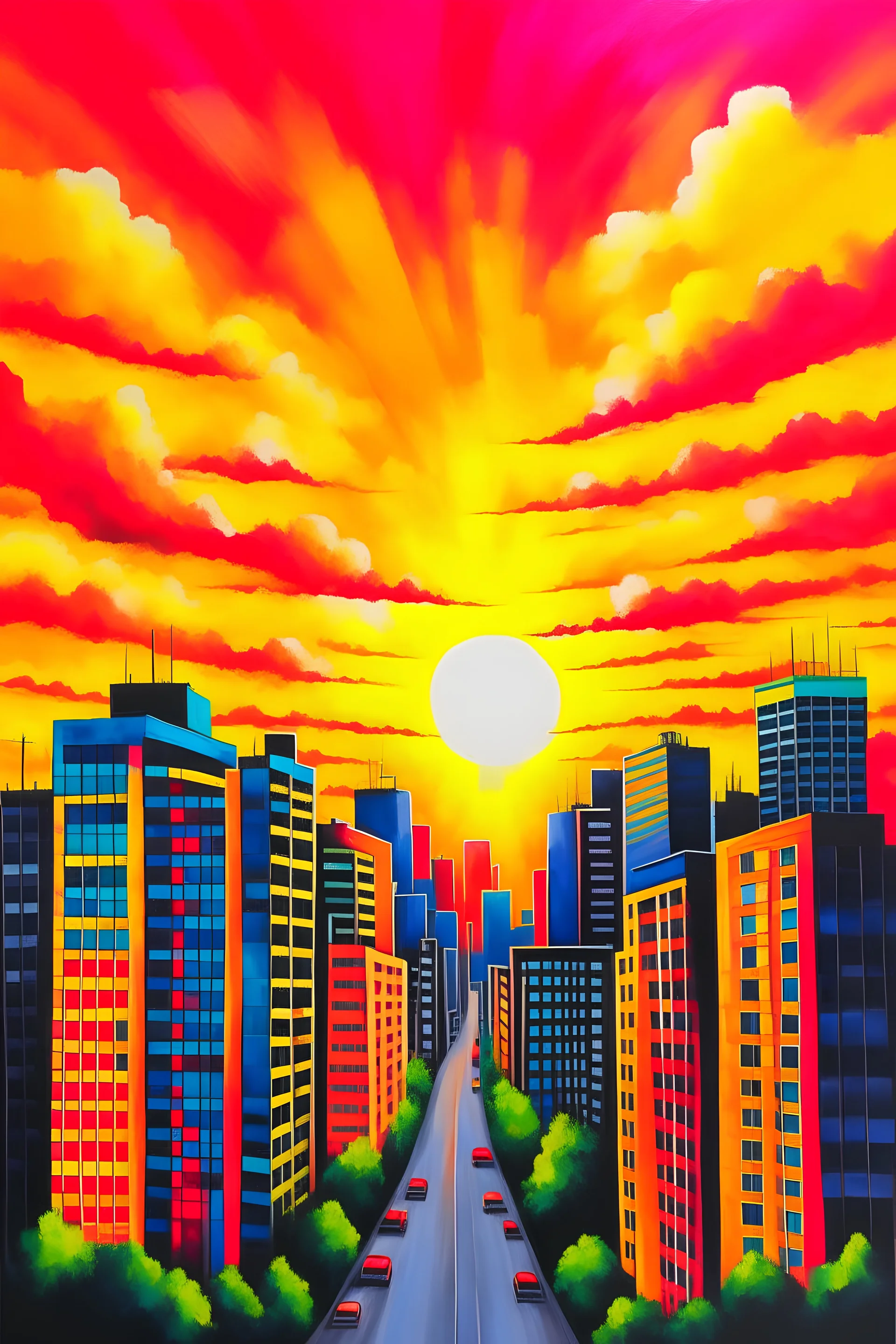 sunset in a city painting