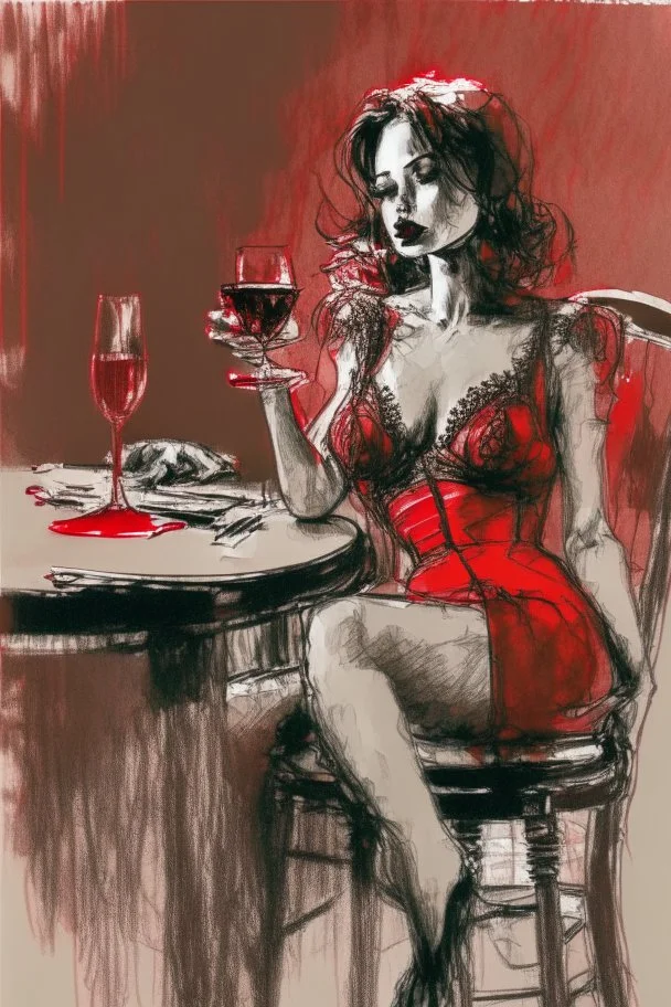 elegant beautiful brown-haired woman in red and black lace lingerie with crossed legs, proudly sitting on a chair, cigarette in her right hand, a glass of red wine on a table next to her, her lips are red, surrealist, smooth, pop, accentuate, faded glow, morning, bright, fine art, push, structure, silhouette, pencil sketch by Jean Cocteau fantasy high definition crisp quality in sunshine