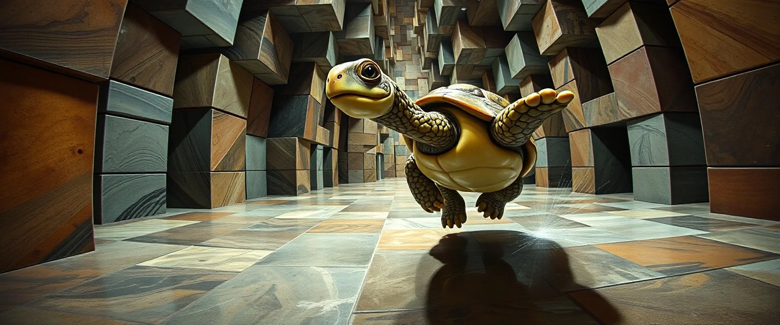 pin hole cam , master oil painting by Rembrandt, reflective marble madness opera fast jumping turtle character portrait, a living bowling marble halls with slightly tilted floor in a twisted block maze, scenery from the game "marble madness", crystal birds, the floor betrays, the walls collide