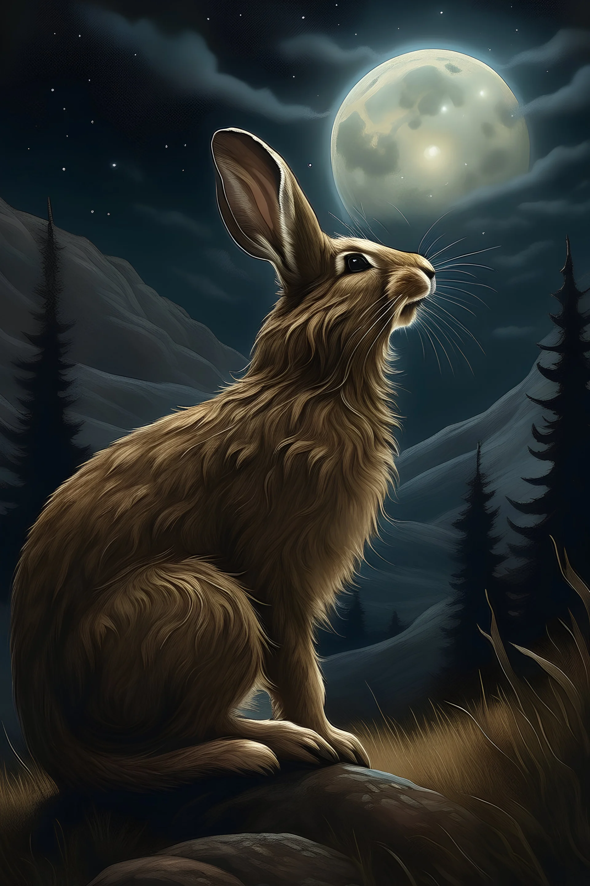 "Generate an AI-enhanced image of a majestic howling rabbit under the moonlight. Capture the essence of the wild, emphasizing the details of the rabbit's fur, the moonlit landscape, and the atmospheric elements that evoke a sense of mystery and power. Let the AI bring to life the primal beauty of a rabbit's howl in this visually stunning artwork."