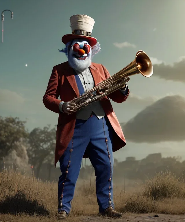 mechanoid old friendly fat clown with trimmed beard playing jazz with a steampunk theme, trumpet, realistic