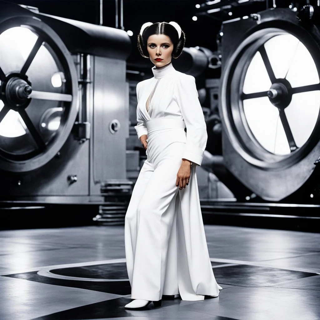 a standing revealing full body photoshoot Princess Leia with her Star Puffs hairstyle, she is poised on hands and knees, by Helmut Newton, typical for the suggestive style of Newton (high quaintly perfect photo) the background is a space dock