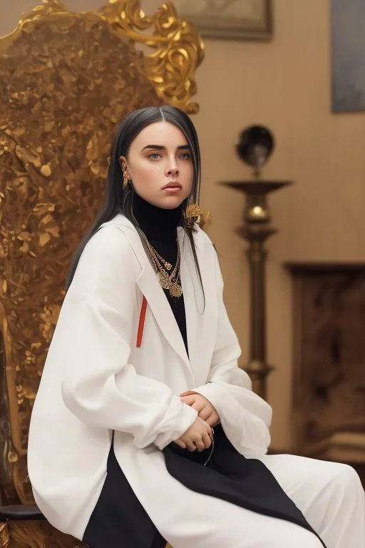 Billie Eilish, sitting on a chair, Black Short Dress, high detail, realistic, 8k