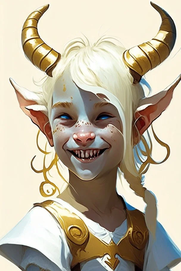 a child tiefling girl with white-blond hair and small horns, she wears white and gold and is happy