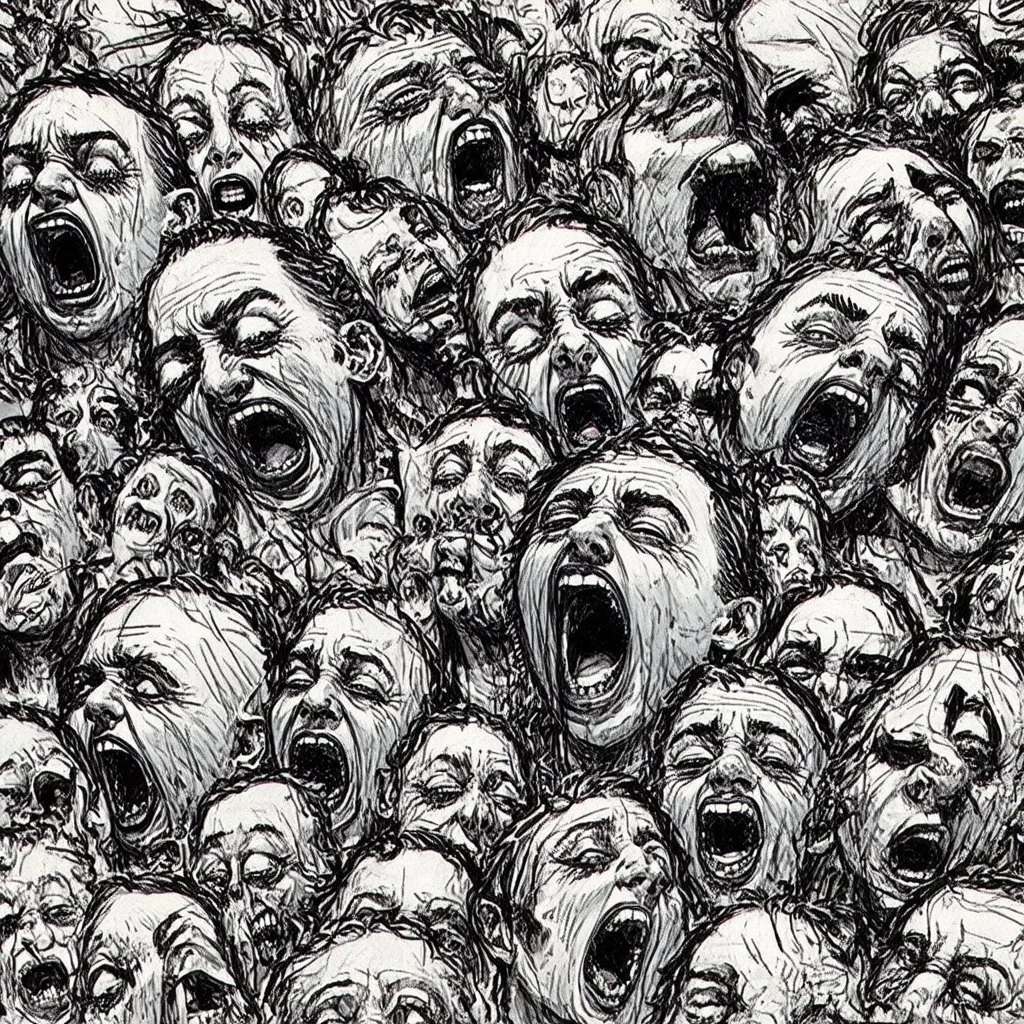 sketch line, rought, of faces on a pages, screaming and sad, demented, mad, journal