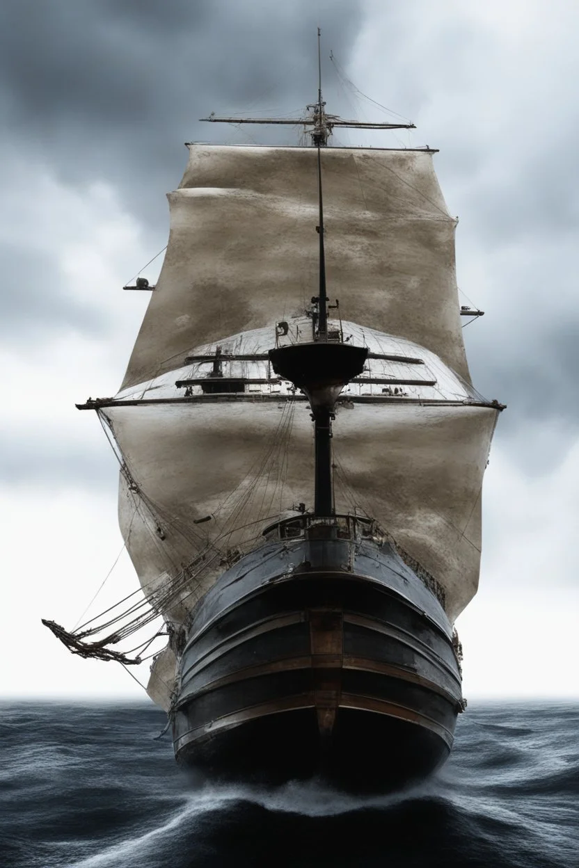 Ship front view with a Spider figurehead at night in a storm with giant waves