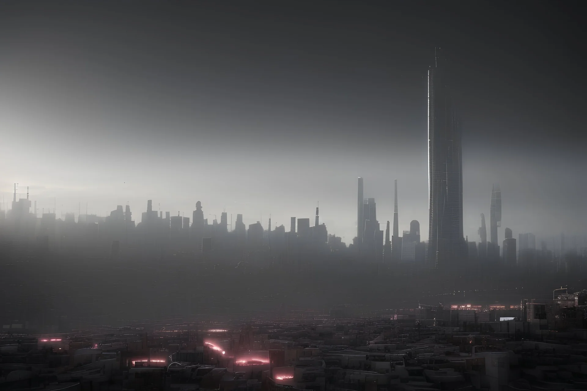 city focus, (Masterpiece) 4k quality, photorealistic, inside black hole, singularity, planet surface, darkness, starless sky, Extraterrestrial cityscape, advanced technology