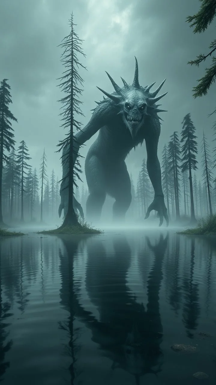 Bosch painting style nightmare , 3D , a monster of the mysterious lake from distant view surrounded by tall trees in the background, high Quality picture , 8k
