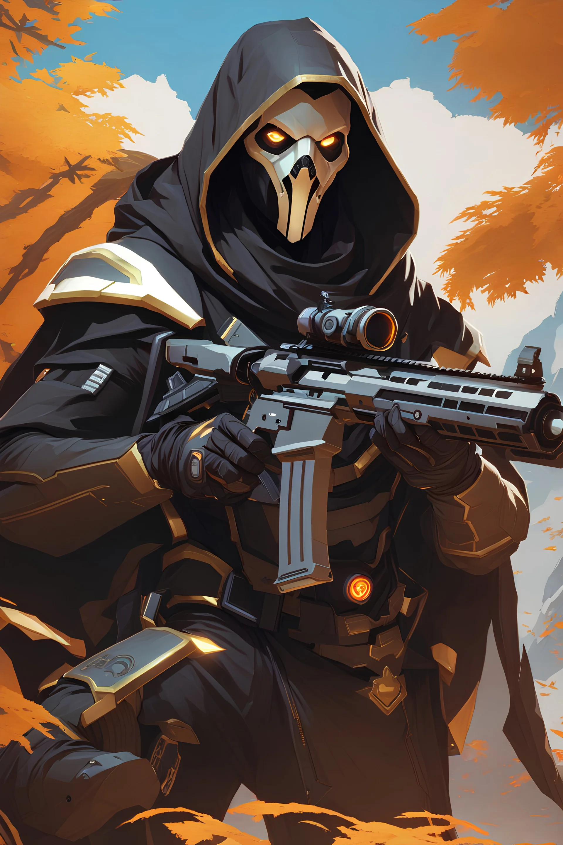 Reaper from Overwatch as an Apex Legends character digital illustration portrait design by, Mark Brooks and Brad Kunkle detailed, gorgeous lighting, wide angle action dynamic portrait