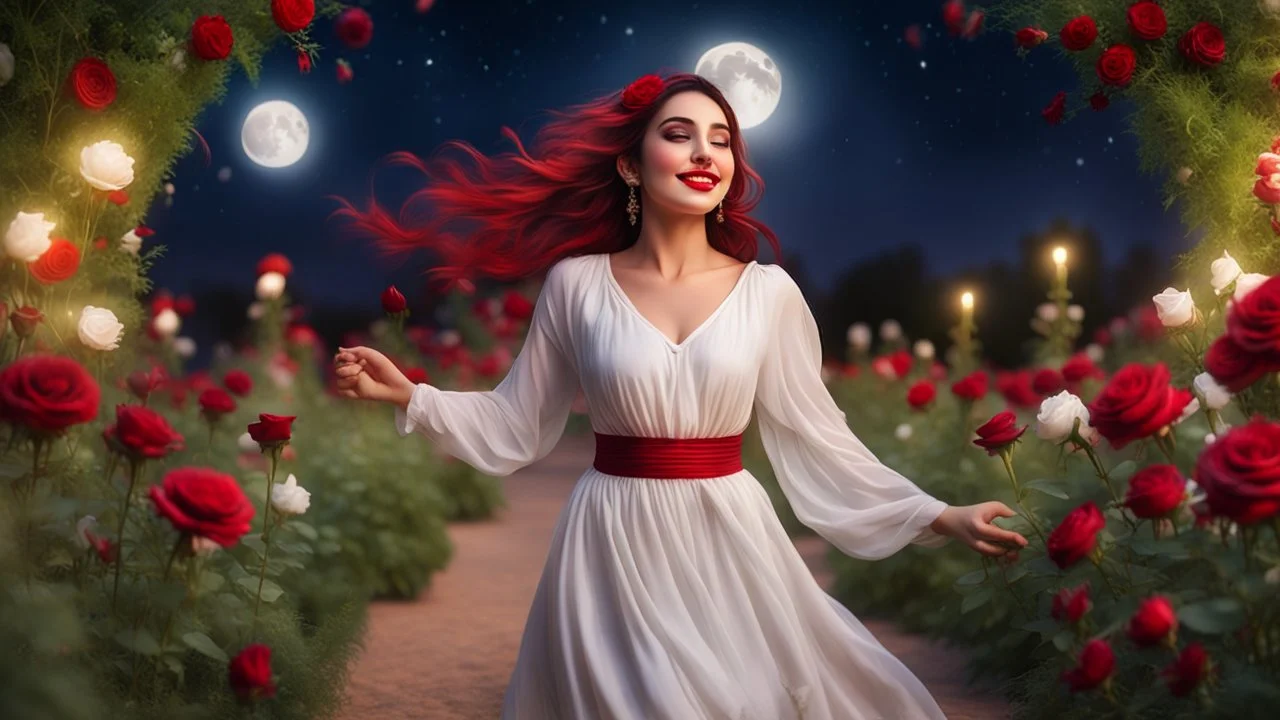 Hyper Realistic close-view of Young Beautiful Happy Pashto Woman & with-beautiful-eyes-&-lips in a white-frock-&-Maroon-ribbon with-a-red-rose-in-her-hair happily-whirling in a beautiful flower garden at-beautiful-full-moon-night & grass-arches showing dramatic & cinematic ambiance.