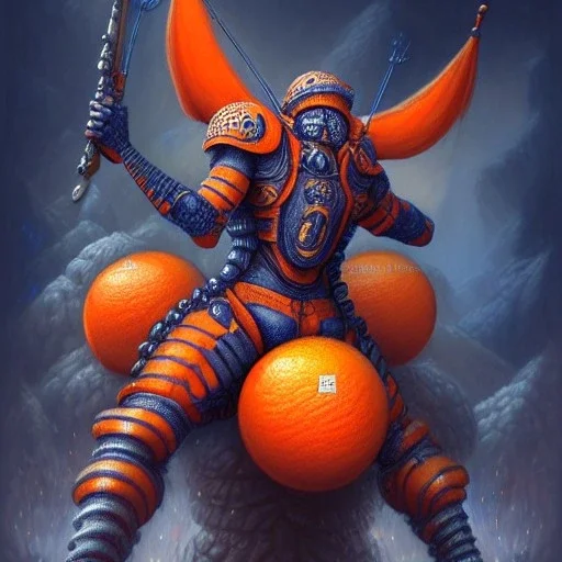 an orange fruit warrior in full navy blue and orange battle armor, a highly detailed illustration, background of Inka jungle, realistic render, 8 k, micro detail, intricate, elegant, centered, digital painting, Artstation, smooth, sharp focus, illustration, artgerm, tomasz alen kopera, peter mohrbacher, donato giancola, joseph christian leyendecker, wlop, boris vallejo