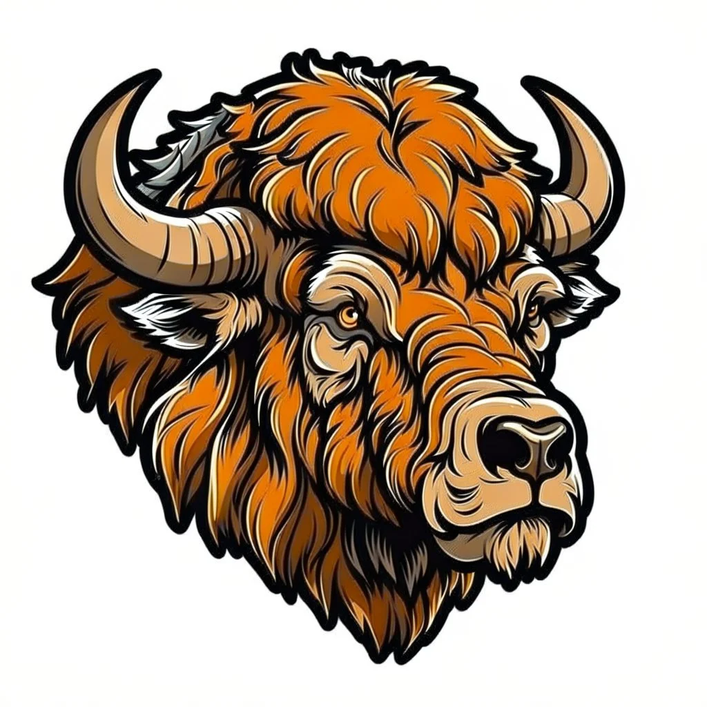 angled view of the head of an American Bison, sports mascot style