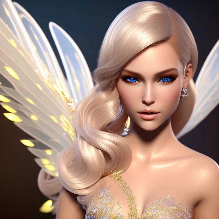 beautiful blonde fairy in a sparkle ambiance, transparent wings, delicate colors, finely tuned detail, ultra high definition, 8 k, unreal engine 5, ultra sharp focus