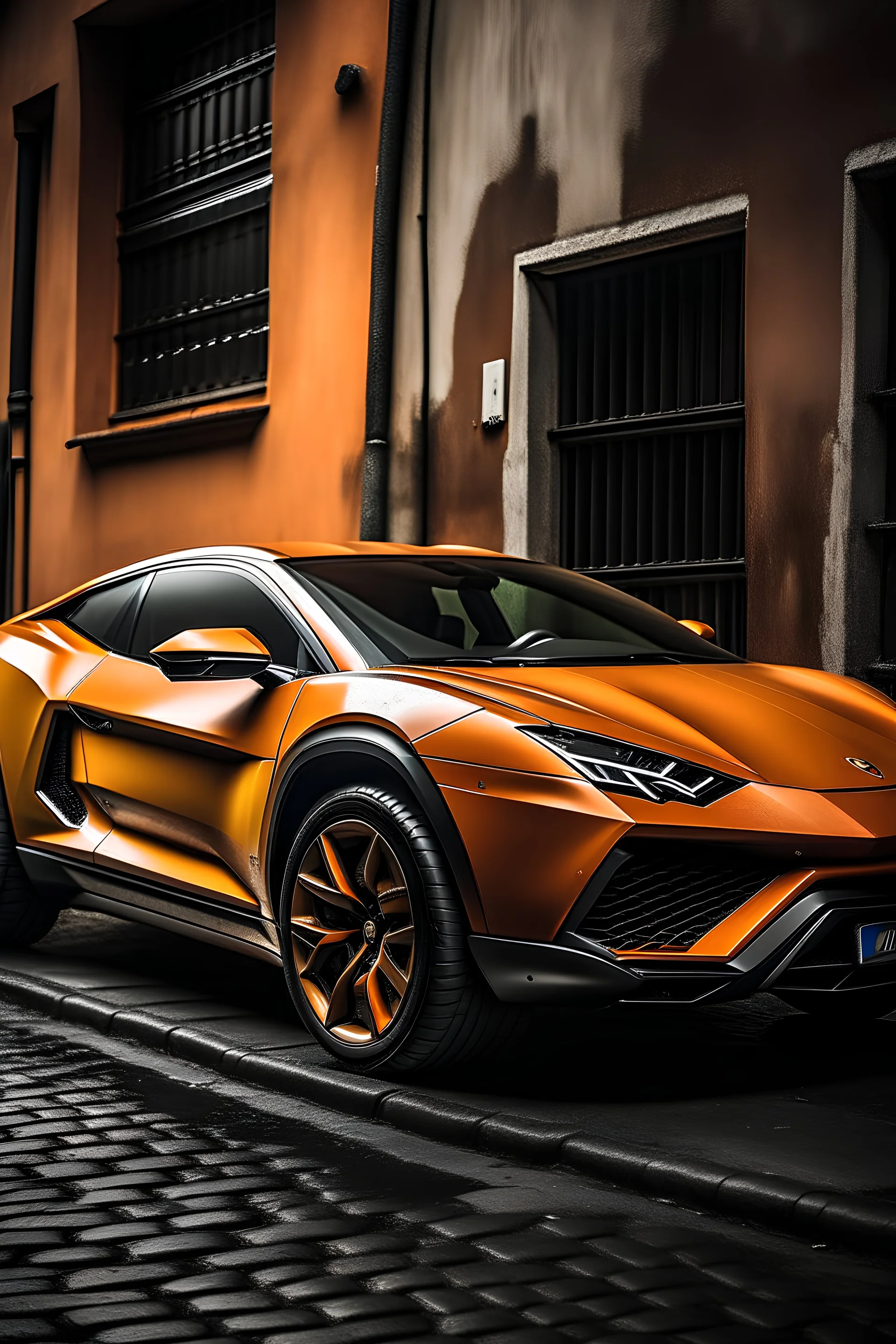 orange lamborghini urus portrait on a wall