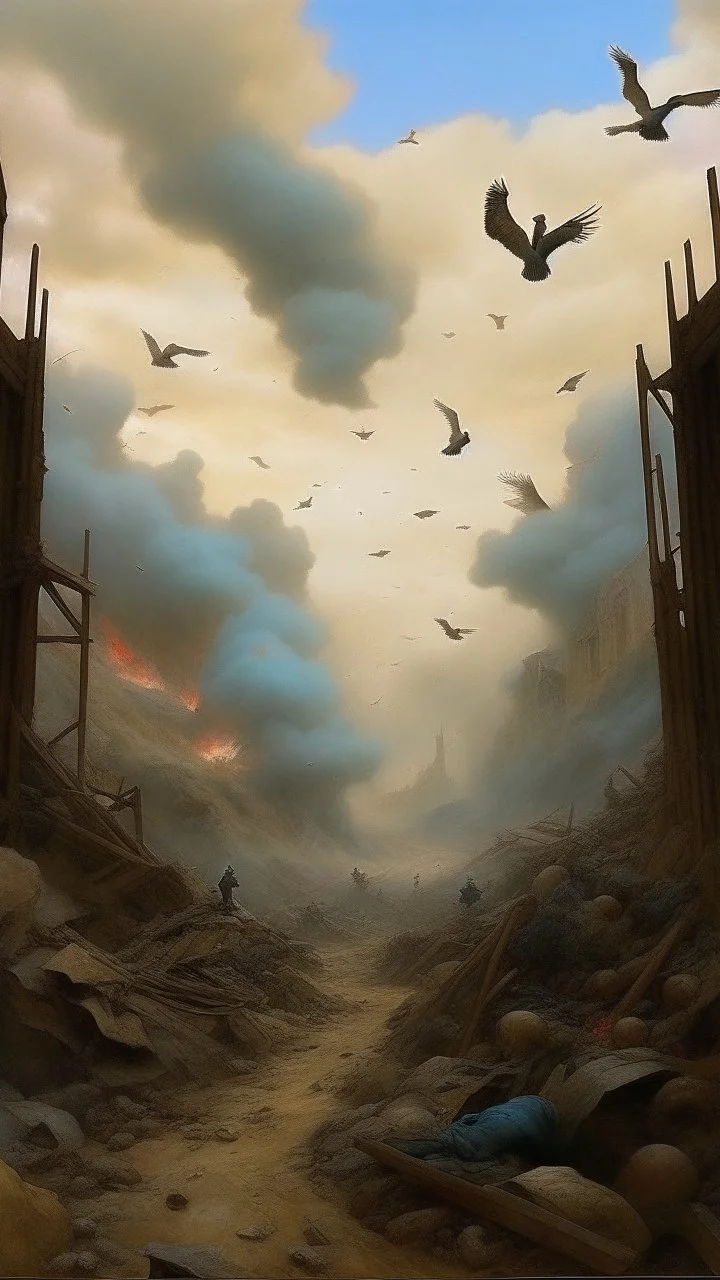 view from inside a trench from the first world war, flying debris, smoke and ash, screams and agitation, despair, colored birds flee in fright, in the style of alphonse mucha