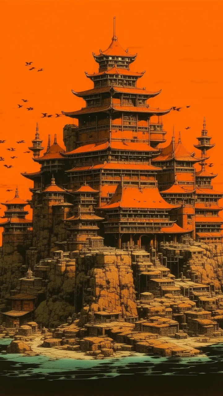 A dark orange colored Eastern plasmatic fortress painted by Hashimoto Gaho