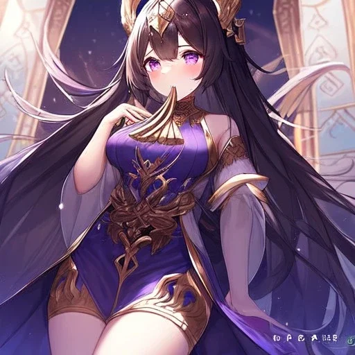 High quality, Detailed, Black long hair, Purple eyes, mouth open, blushing, goddess clothes