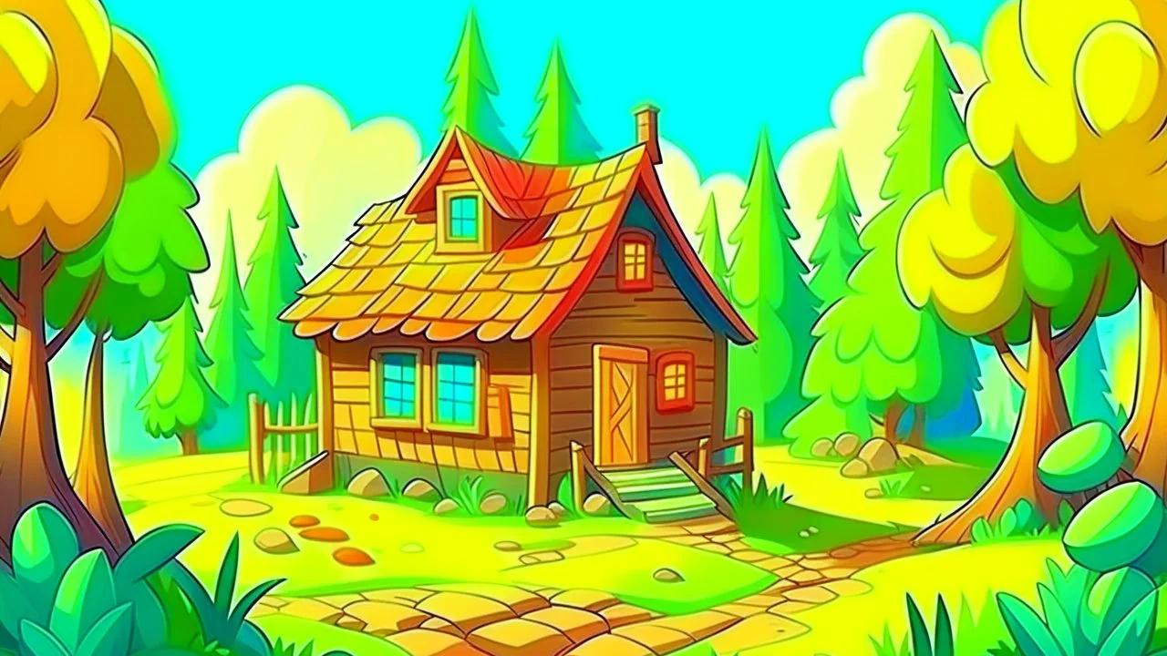 Cartoon style: at the end of the forest there is a meadow and a small wooden house