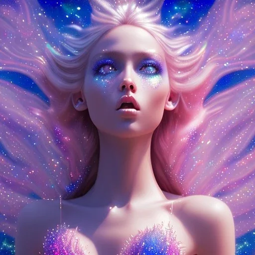 one big crystal glitter pink blue subtle galactic fairy in a galactic ambiance,glitter bikini, long blond hair down to the ground,transparent petals,blue eyes,delicate colors in the foreground, full of details, smooth，soft pink violet light atmosphere, light effect，vaporwave colorful, concept art, smooth, extremely sharp detail, finely tuned detail, ultra high definition, 8 k, unreal engine 5, ultra sharp focus