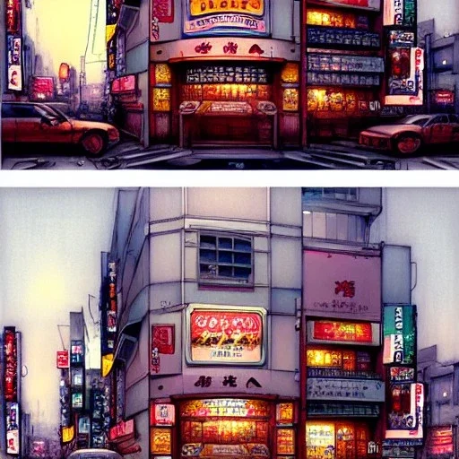  "Corner view,Kawaii Japan bar in kabukicho,Golden hour, book illustration by Jean Baptiste Monge,Jeremy Mann"Details corner building cross section, Jean Baptiste Monge, strong lines, high contrast vibrant colors, highly detailed, , exterior elevations illustration, , exterior elevations design plan illustration,