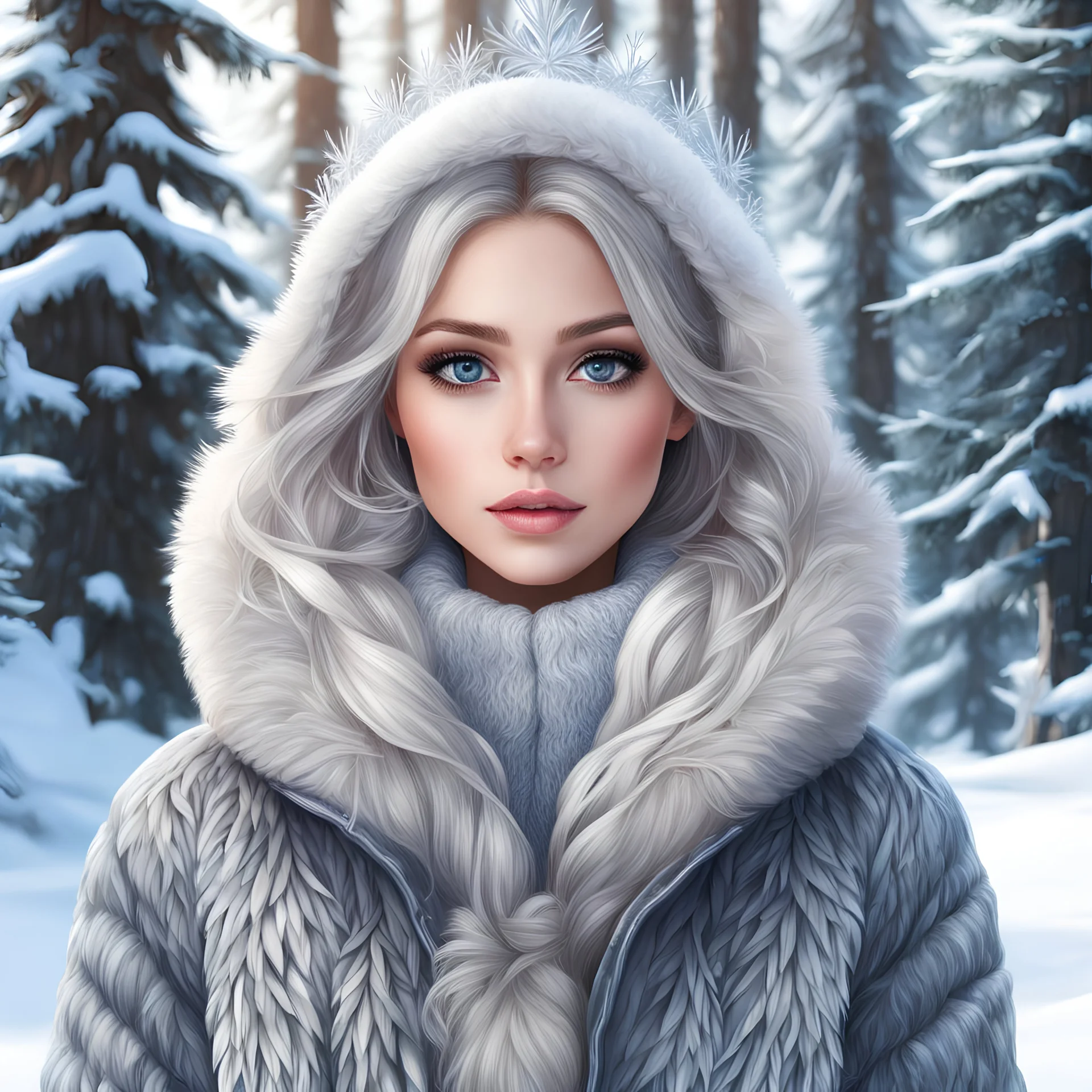 beautiful digital art object with the image of the Snow Queen, with big gray eyes and modern warm clothes, around snow, winter, fir trees.detailed drawing Beautiful scene, in high quality, ultra HD res, 8k